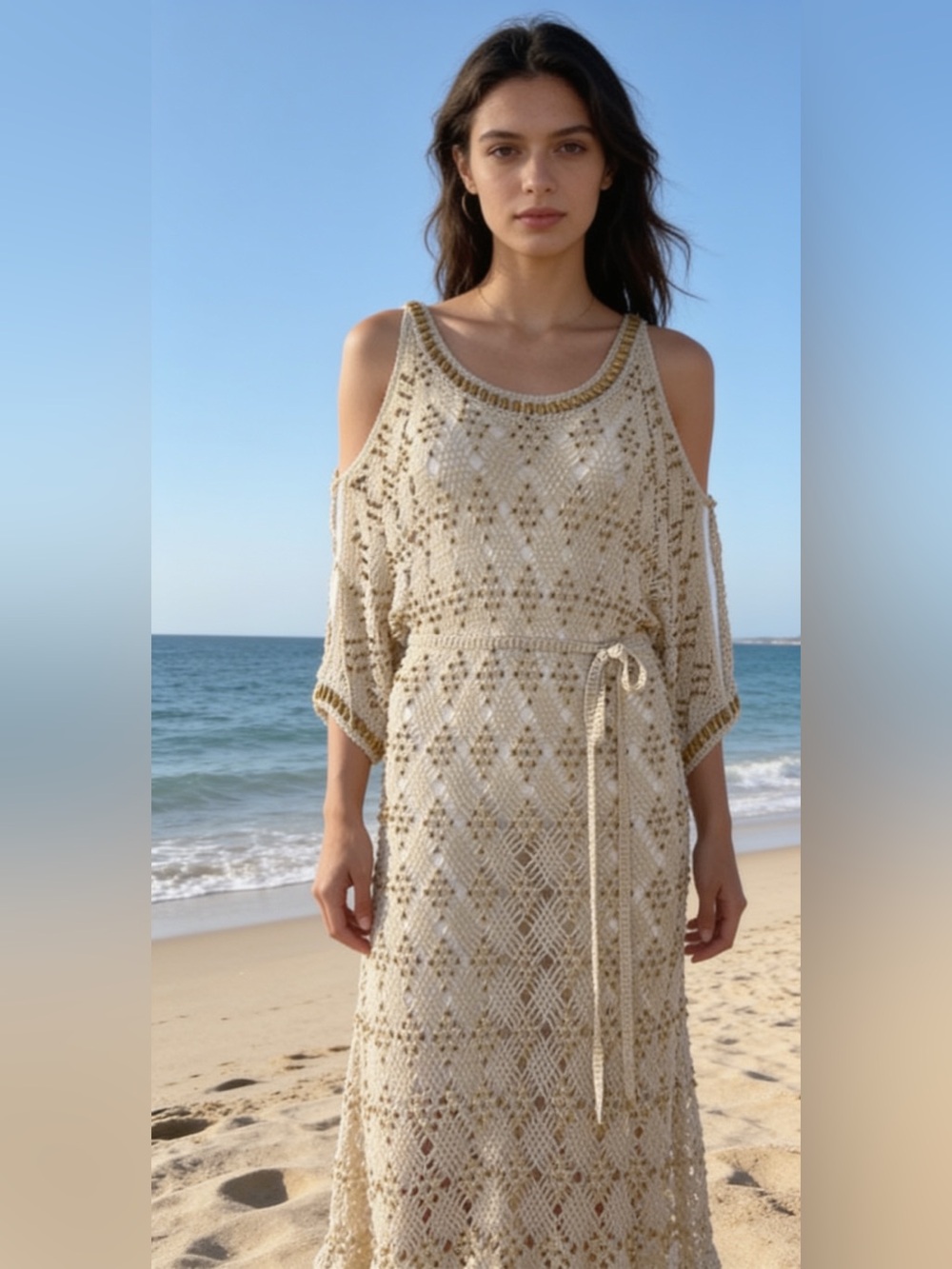 CAMILLA natural crochet beaded 60s 70s style boho hippie beachy midi dress XS S